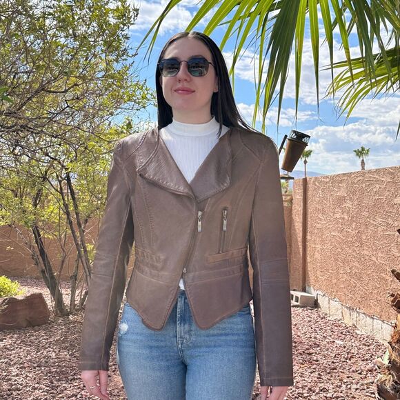 One Community Women's Medium Faux Leather Moto Biker Jacket Brown Zipper - Picture 1 of 8